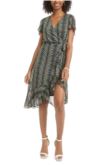 Green Printed Short Sleeve Knee Length Sheath - Picture 2 of 3